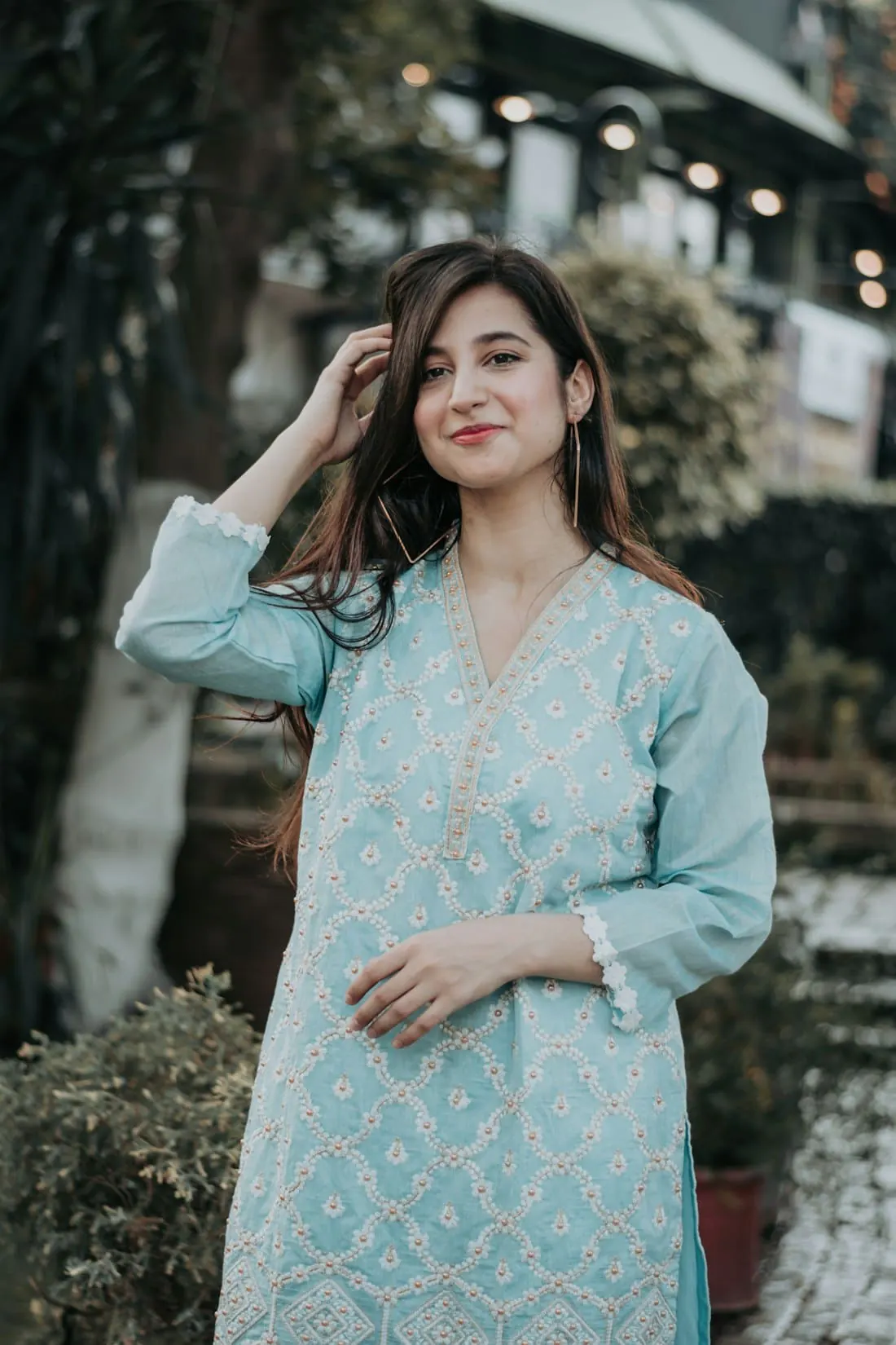 Sky Chikan Kurta in sky